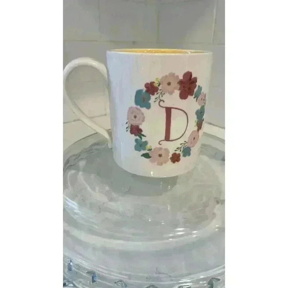 TAZA MONOGRAM INITIAL D Mug, 4 1/8", Pink Floral, Yellow Interior, Pre-Owned - Picture 1 of 6
